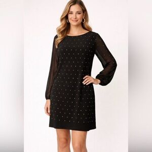 White House Black Market Black Gold Studs Shift Dress. Sheer Long Sleeves. XS